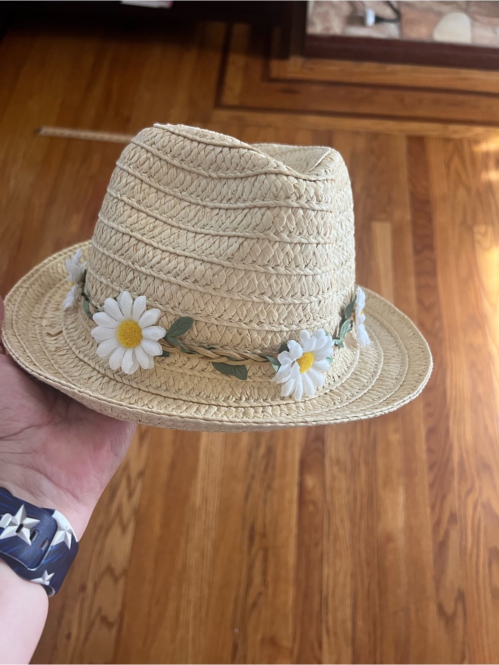 Tashon Straw Fedora Hat with White Daisy Trim - Cream